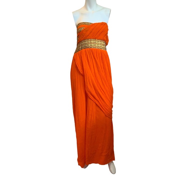Root Design HandMade Orange Gold Strapless Ethiopian Maxi Dress XL Perfect - Picture 1 of 15